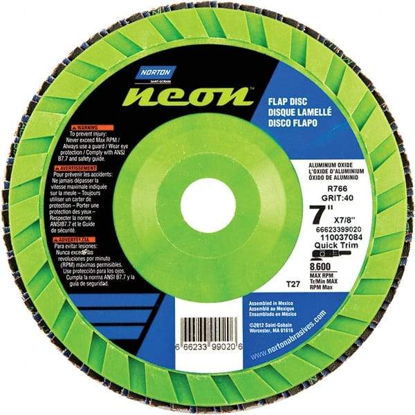 Norton - 40 Grit, 7" Disc Diam, 7/8" Center Hole, Type 27 Ceramic Alumina Flap Disc - 8,600 Max RPM, Polyester Backing, Arbor Attaching System, Coated - Apex Tool & Supply