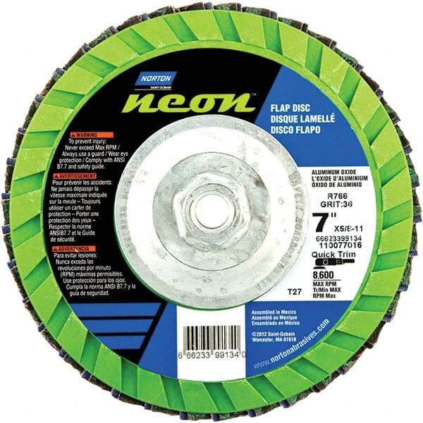 Norton - 40 Grit, 7" Disc Diam, 5/8-11 Center Hole, Type 27 Ceramic Alumina Flap Disc - 8,600 Max RPM, Polyester Backing, Arbor Attaching System, Coated - Apex Tool & Supply