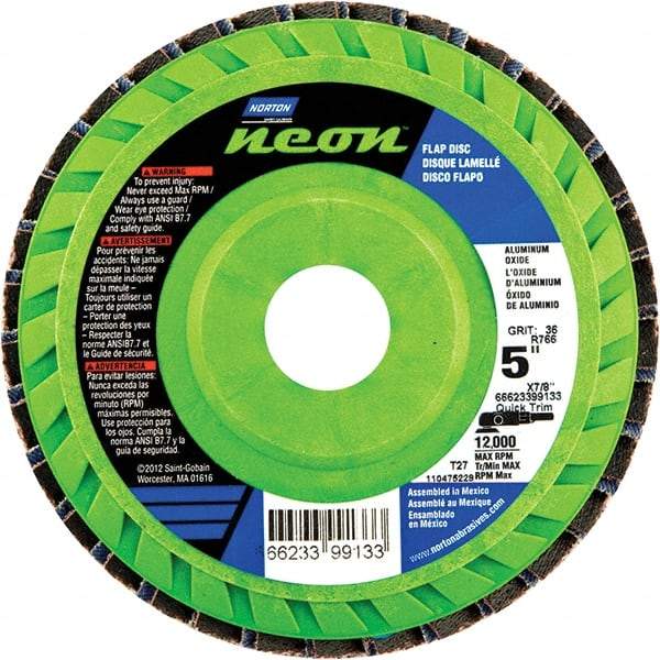 Norton - 80 Grit, 5" Disc Diam, 7/8" Center Hole, Type 27 Ceramic Alumina Flap Disc - 12,000 Max RPM, Polyester Backing, Arbor Attaching System, Coated - Apex Tool & Supply