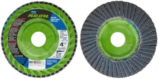 Norton - 120 Grit, 4-1/2" Disc Diam, 7/8" Center Hole, Type 27 Ceramic Alumina Flap Disc - 13,300 Max RPM, Polyester Backing, Arbor Attaching System, Coated - Apex Tool & Supply