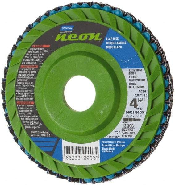 Norton - 80 Grit, 4-1/2" Disc Diam, 7/8" Center Hole, Type 27 Ceramic Alumina Flap Disc - 13,300 Max RPM, Polyester Backing, Arbor Attaching System, Coated - Apex Tool & Supply