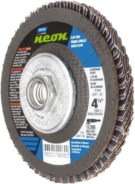 Norton - 60 Grit, 4-1/2" Disc Diam, 5/8-11 Center Hole, Type 27 Ceramic Alumina Flap Disc - 13,300 Max RPM, Polyester Backing, Arbor Attaching System, Coated - Apex Tool & Supply
