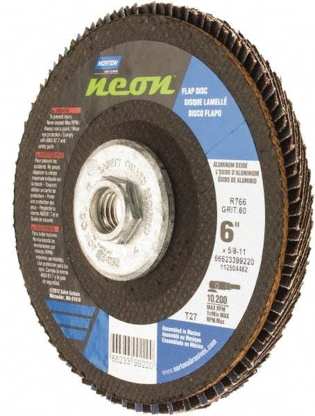 Norton - 60 Grit, 6" Disc Diam, 5/8-11 Center Hole, Type 27 Ceramic Alumina Flap Disc - 10,200 Max RPM, Polyester Backing, Arbor Attaching System, Coated - Apex Tool & Supply