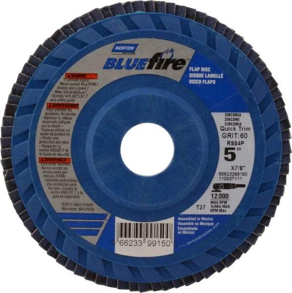 Norton - 60 Grit, 5" Disc Diam, 7/8" Center Hole, Type 27 Zirconia Alumina Flap Disc - 12,000 Max RPM, Cloth Backing, Arbor Attaching System, Coated - Apex Tool & Supply