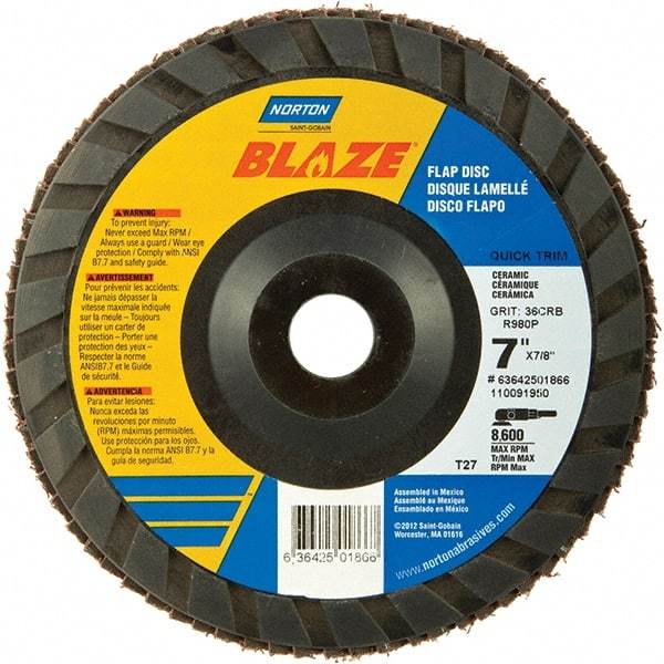 Norton - 120 Grit, 7" Disc Diam, 7/8" Center Hole, Type 27 Ceramic Alumina Flap Disc - 8,600 Max RPM, Polyester Backing, Arbor Attaching System, Coated - Apex Tool & Supply