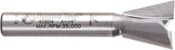 Amana Tool - 1/2" Cut Diam, 1/2" Length of Cut, 2 Flute Dovetail Edge Profile Router Bit - Carbide-Tipped, 1/4" Shank Diam, 1-3/4" OAL, Uncoated - Apex Tool & Supply