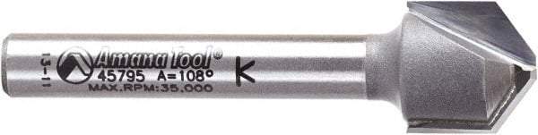 Amana Tool - 1/2" Cut Diam, 3/8" Length of Cut, 2 Flute V-Groove Edge Profile Router Bit - Carbide-Tipped, 1/4" Shank Diam, 2" OAL, Uncoated - Apex Tool & Supply