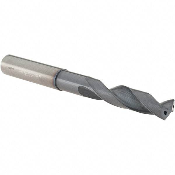 Walter-Titex - 7/16" 150° Spiral Flute Solid Carbide Screw Machine Drill Bit - Tinal Finish, Right Hand Cut, 55mm Flute Length, 118mm OAL, Form V+A Point, Straight Shank, Through Coolant - Apex Tool & Supply