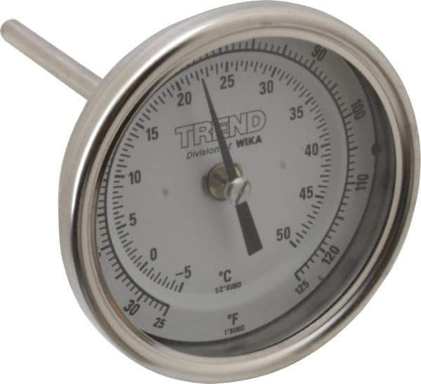 Wika - 4 Inch Long Stem, 3 Inch Dial Diameter, Stainless Steel, Back Connected Bi-Metal Thermometer - -5 to 50°C, 1% Accuracy - Apex Tool & Supply