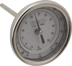 Wika - 4 Inch Long Stem, 3 Inch Dial Diameter, Stainless Steel, Back Connected Bi-Metal Thermometer - -5 to 50°C, 1% Accuracy - Apex Tool & Supply