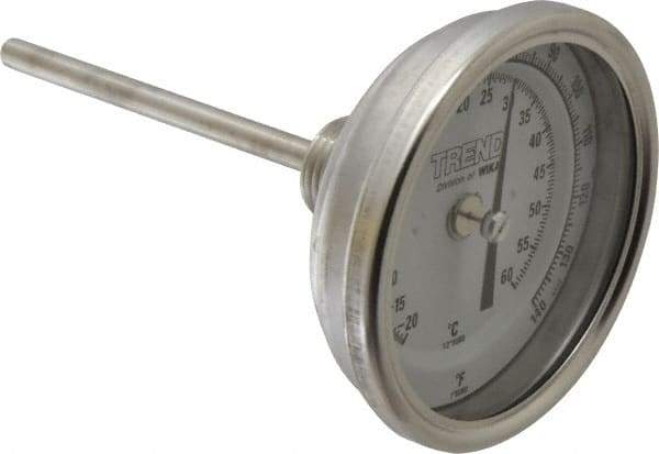 Wika - 4 Inch Long Stem, 3 Inch Dial Diameter, Stainless Steel, Back Connected Bi-Metal Thermometer - -20 to 60°C, 1% Accuracy - Apex Tool & Supply