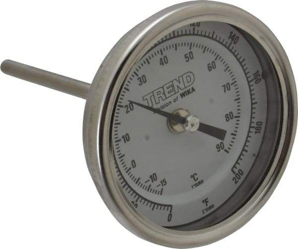 Wika - 4 Inch Long Stem, 3 Inch Dial Diameter, Stainless Steel, Back Connected Bi-Metal Thermometer - -15 to 90°C, 1% Accuracy - Apex Tool & Supply