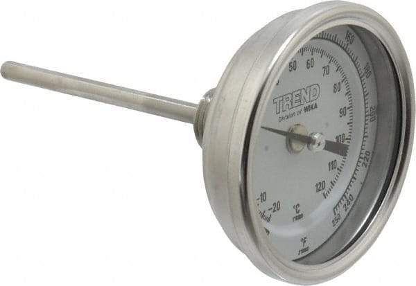 Wika - 4 Inch Long Stem, 3 Inch Dial Diameter, Stainless Steel, Back Connected Bi-Metal Thermometer - -20 to 120°C, 1% Accuracy - Apex Tool & Supply