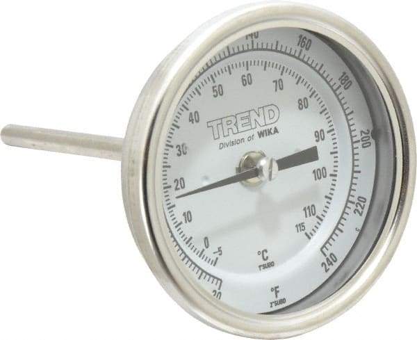 Wika - 4 Inch Long Stem, 3 Inch Dial Diameter, Stainless Steel, Back Connected Bi-Metal Thermometer - -5 to 115°C, 1% Accuracy - Apex Tool & Supply