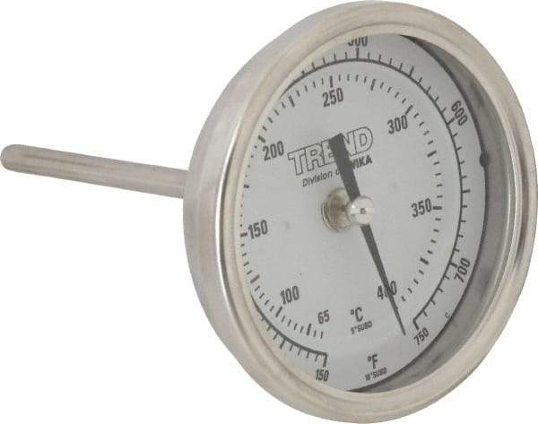 Wika - 4 Inch Long Stem, 3 Inch Dial Diameter, Stainless Steel, Back Connected Bi-Metal Thermometer - 65 to 400°C, 1% Accuracy - Apex Tool & Supply