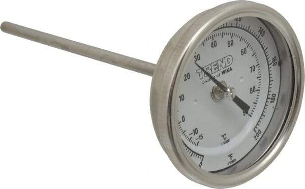 Wika - 6 Inch Long Stem, 3 Inch Dial Diameter, Stainless Steel, Back Connected Bi-Metal Thermometer - -15 to 90°C, 1% Accuracy - Apex Tool & Supply
