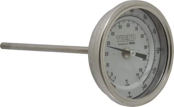 Wika - 6 Inch Long Stem, 3 Inch Dial Diameter, Stainless Steel, Back Connected Bi-Metal Thermometer - -5 to 115°C, 1% Accuracy - Apex Tool & Supply