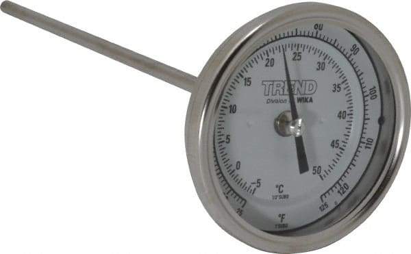 Wika - 9 Inch Long Stem, 3 Inch Dial Diameter, Stainless Steel, Back Connected Bi-Metal Thermometer - -5 to 50°C, 1% Accuracy - Apex Tool & Supply