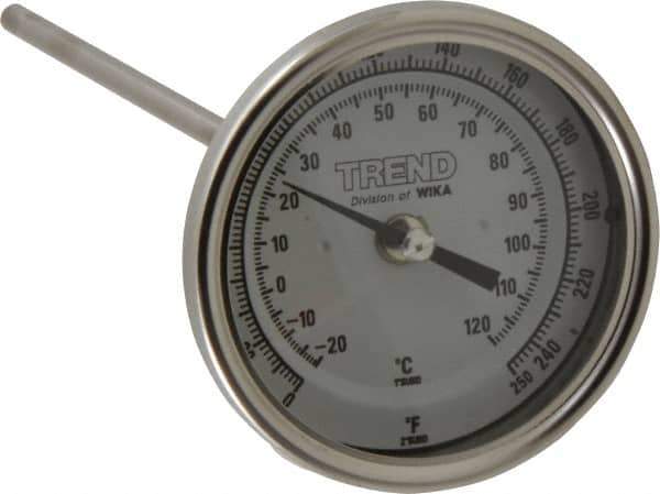 Wika - 9 Inch Long Stem, 3 Inch Dial Diameter, Stainless Steel, Back Connected Bi-Metal Thermometer - -20 to 120°C, 1% Accuracy - Apex Tool & Supply