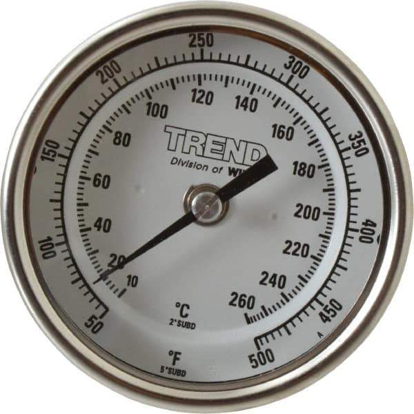 Wika - 9 Inch Long Stem, 3 Inch Dial Diameter, Stainless Steel, Back Connected Bi-Metal Thermometer - 10 to 260°C, 1% Accuracy - Apex Tool & Supply