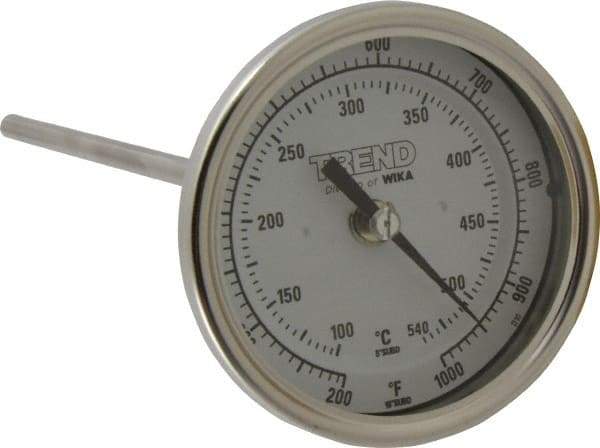 Wika - 9 Inch Long Stem, 3 Inch Dial Diameter, Stainless Steel, Back Connected Bi-Metal Thermometer - 100 to 540°C, 1% Accuracy - Apex Tool & Supply