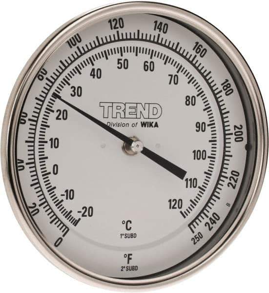 Wika - 2-1/2 Inch Long Stem, 5 Inch Dial Diameter, Stainless Steel, Back Connected Bi-Metal Thermometer - -20 to 120°C, 1% Accuracy - Apex Tool & Supply