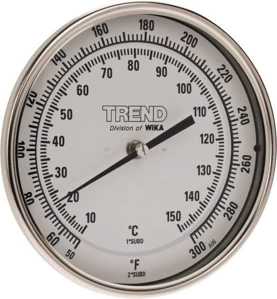 Wika - 2-1/2 Inch Long Stem, 5 Inch Dial Diameter, Stainless Steel, Back Connected Bi-Metal Thermometer - 10 to 150°C, 1% Accuracy - Apex Tool & Supply