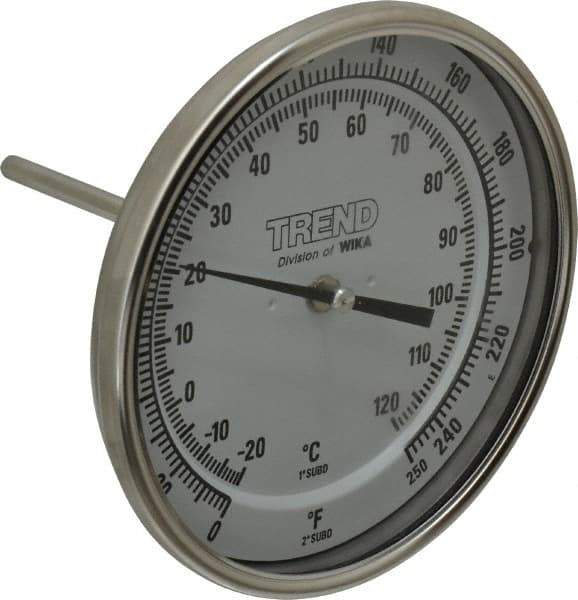 Wika - 4 Inch Long Stem, 5 Inch Dial Diameter, Stainless Steel, Back Connected Bi-Metal Thermometer - -20 to 120°C, 1% Accuracy - Apex Tool & Supply