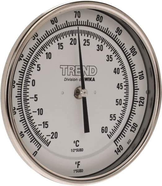 Wika - 6 Inch Long Stem, 5 Inch Dial Diameter, Stainless Steel, Back Connected Bi-Metal Thermometer - -20 to 60°C, 1% Accuracy - Apex Tool & Supply