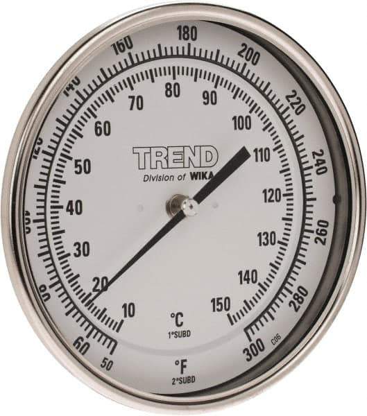 Wika - 6 Inch Long Stem, 5 Inch Dial Diameter, Stainless Steel, Back Connected Bi-Metal Thermometer - 10 to 150°C, 1% Accuracy - Apex Tool & Supply