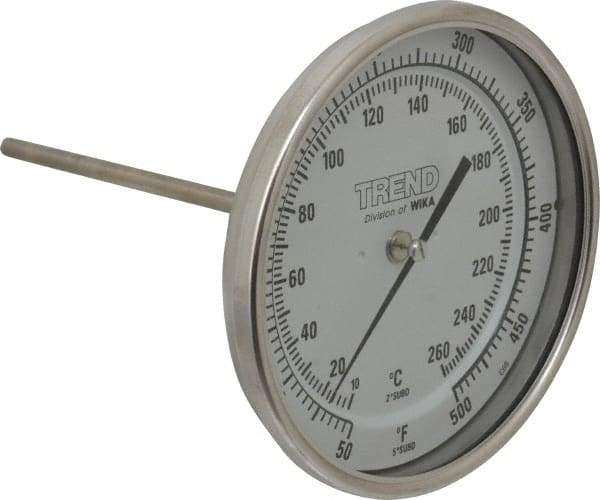 Wika - 6 Inch Long Stem, 5 Inch Dial Diameter, Stainless Steel, Back Connected Bi-Metal Thermometer - 10 to 260°C, 1% Accuracy - Apex Tool & Supply