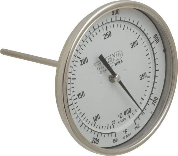 Wika - 6 Inch Long Stem, 5 Inch Dial Diameter, Stainless Steel, Back Connected Bi-Metal Thermometer - 65 to 400°C, 1% Accuracy - Apex Tool & Supply