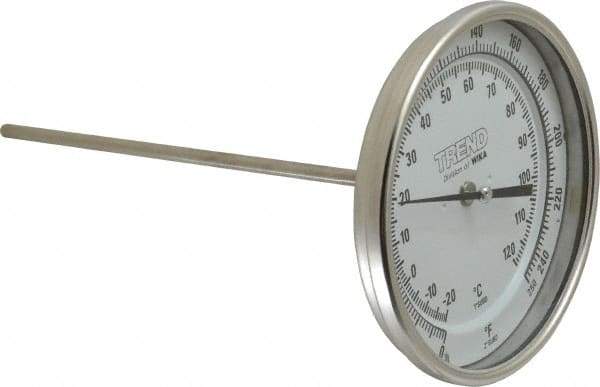 Wika - 9 Inch Long Stem, 5 Inch Dial Diameter, Stainless Steel, Back Connected Bi-Metal Thermometer - -20 to 120°C, 1% Accuracy - Apex Tool & Supply