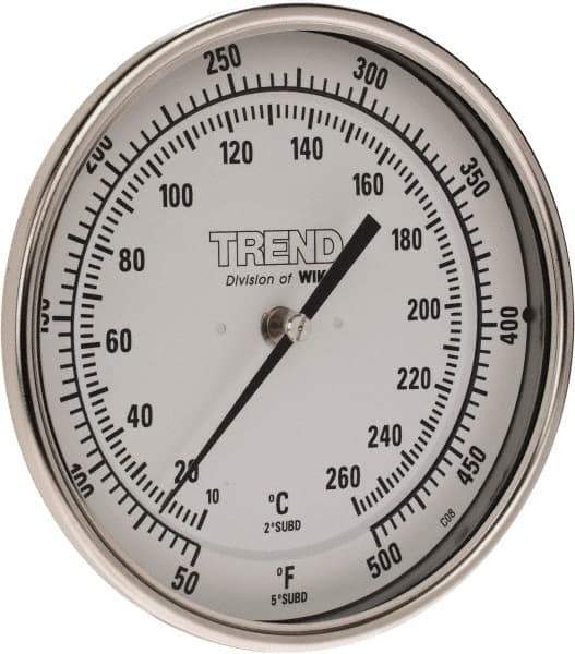 Wika - 9 Inch Long Stem, 5 Inch Dial Diameter, Stainless Steel, Back Connected Bi-Metal Thermometer - 10 to 260°C, 1% Accuracy - Apex Tool & Supply