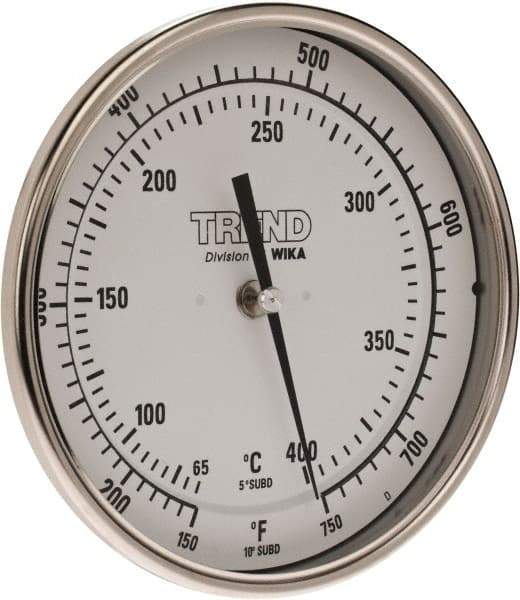 Wika - 9 Inch Long Stem, 5 Inch Dial Diameter, Stainless Steel, Back Connected Bi-Metal Thermometer - 65 to 400°C, 1% Accuracy - Apex Tool & Supply