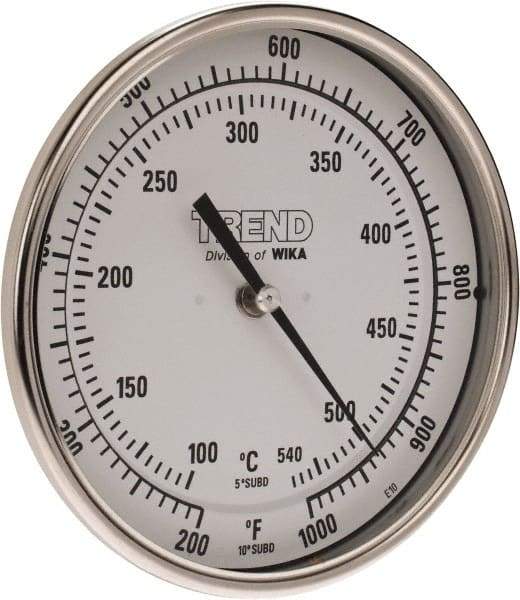 Wika - 9 Inch Long Stem, 5 Inch Dial Diameter, Stainless Steel, Back Connected Bi-Metal Thermometer - 100 to 540°C, 1% Accuracy - Apex Tool & Supply