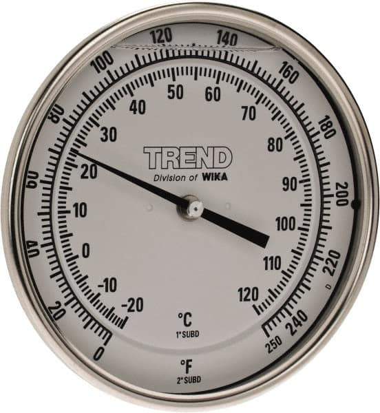 Wika - 2-1/2 Inch Long Stem, 5 Inch Dial Diameter, Stainless Steel, Back Connected Bi-Metal Thermometer - -20 to 120°C, 1% Accuracy - Apex Tool & Supply