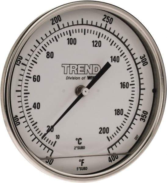 Wika - 4 Inch Long Stem, 5 Inch Dial Diameter, Stainless Steel, Back Connected Bi-Metal Thermometer - 10 to 200°C, 1% Accuracy - Apex Tool & Supply