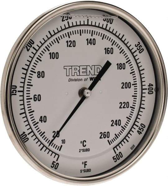 Wika - 4 Inch Long Stem, 5 Inch Dial Diameter, Stainless Steel, Back Connected Bi-Metal Thermometer - 10 to 260°C, 1% Accuracy - Apex Tool & Supply