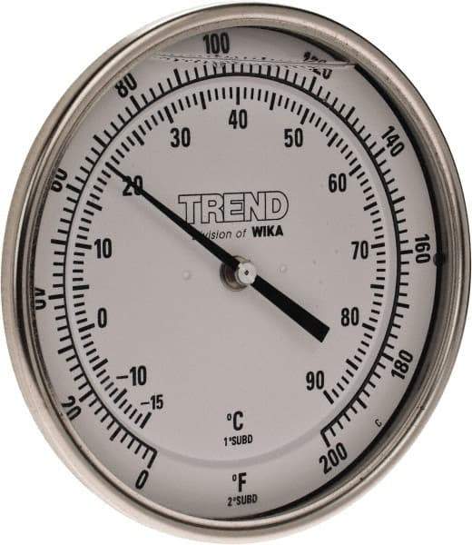 Wika - 6 Inch Long Stem, 5 Inch Dial Diameter, Stainless Steel, Back Connected Bi-Metal Thermometer - -15 to 90°C, 1% Accuracy - Apex Tool & Supply