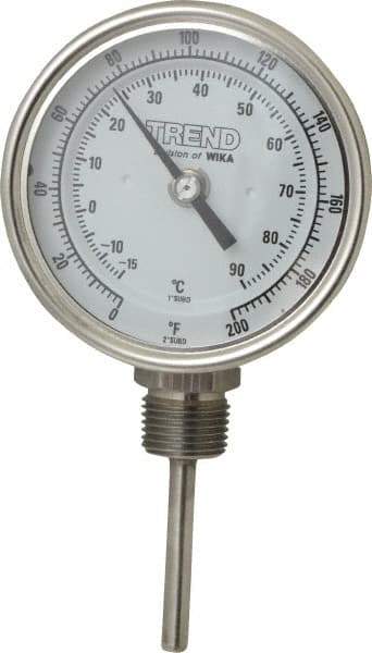 Wika - 2-1/2 Inch Long Stem, 3 Inch Dial Diameter, Stainless Steel, Bottom Connected Bi-Metal Thermometer - -15 to 90°C, 1% Accuracy - Apex Tool & Supply