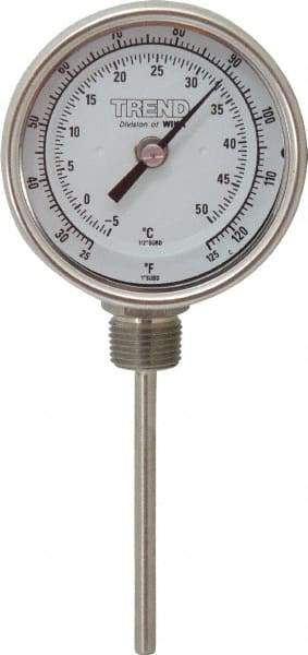 Wika - 4 Inch Long Stem, 3 Inch Dial Diameter, Stainless Steel, Bottom Connected Bi-Metal Thermometer - -5 to 50°C, 1% Accuracy - Apex Tool & Supply