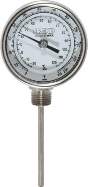Wika - 4 Inch Long Stem, 3 Inch Dial Diameter, Stainless Steel, Bottom Connected Bi-Metal Thermometer - -20 to 120°C, 1% Accuracy - Apex Tool & Supply