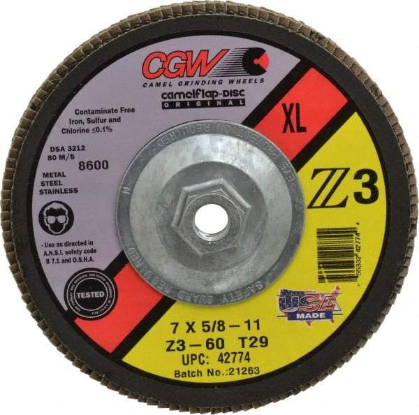 Camel Grinding Wheels - 60 Grit, 7" Disc Diam, 5/8-11 Center Hole, Type 29 Zirconia Alumina Flap Disc - 8,600 Max RPM, Poly Cotton Backing, Arbor Attaching System, Coated - Apex Tool & Supply