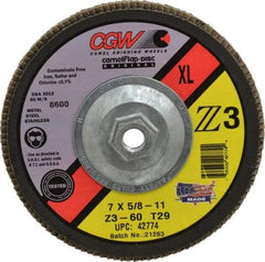 Camel Grinding Wheels - 60 Grit, 7" Disc Diam, 5/8-11 Center Hole, Type 29 Zirconia Alumina Flap Disc - 8,600 Max RPM, Poly Cotton Backing, Arbor Attaching System, Coated - Apex Tool & Supply