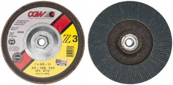 Camel Grinding Wheels - 120 Grit, 7" Disc Diam, 5/8-11 Center Hole, Type 27 Zirconia Alumina Flap Disc - 8,600 Max RPM, Poly Cotton Backing, Arbor Attaching System, Coated - Apex Tool & Supply