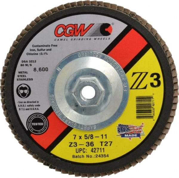 Camel Grinding Wheels - 36 Grit, 7" Disc Diam, 5/8-11 Center Hole, Type 27 Zirconia Alumina Flap Disc - 8,600 Max RPM, Poly Cotton Backing, Arbor Attaching System, Coated - Apex Tool & Supply