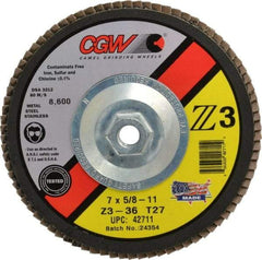 Camel Grinding Wheels - 36 Grit, 7" Disc Diam, 5/8-11 Center Hole, Type 27 Zirconia Alumina Flap Disc - 8,600 Max RPM, Poly Cotton Backing, Arbor Attaching System, Coated - Apex Tool & Supply