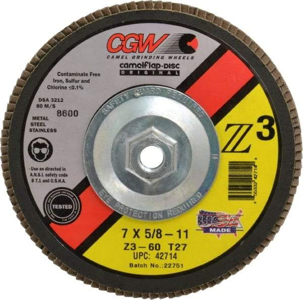 Camel Grinding Wheels - 60 Grit, 7" Disc Diam, 5/8-11 Center Hole, Type 27 Zirconia Alumina Flap Disc - 8,600 Max RPM, Poly Cotton Backing, Arbor Attaching System, Coated - Apex Tool & Supply
