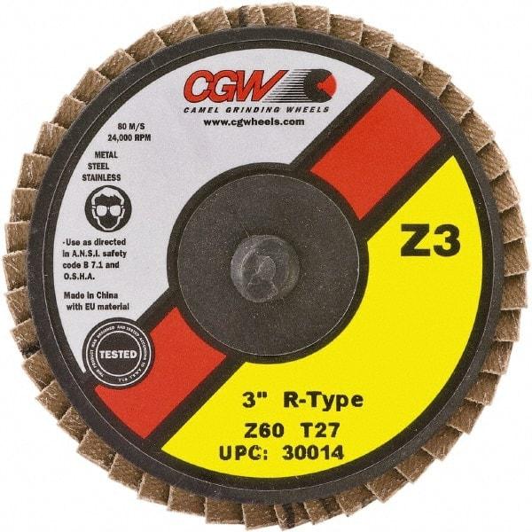 Camel Grinding Wheels - 36 Grit, 3" Disc Diam, Type 27 Zirconia Alumina Flap Disc - 24,000 Max RPM, Poly Cotton Backing, Quick Change Type R Attaching System, Coated - Apex Tool & Supply